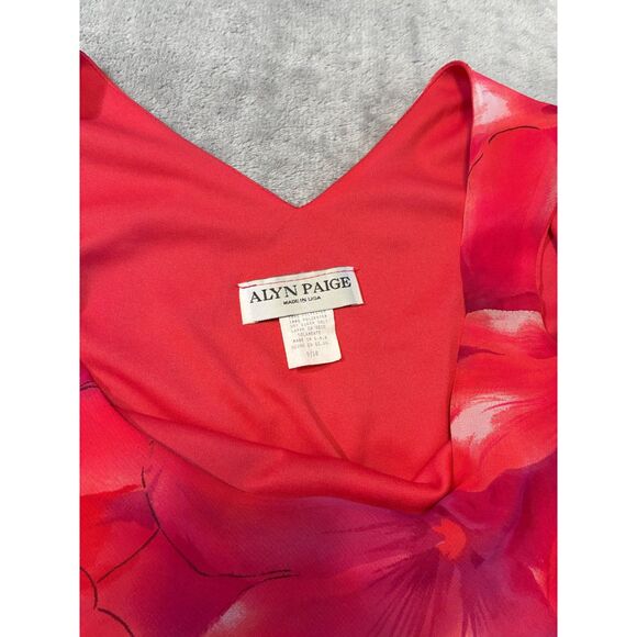 Alyn Paige Red Floral Dress Size 9/10 Made in USA 90s Fit & Flare Sheer - Picture 2 of 8